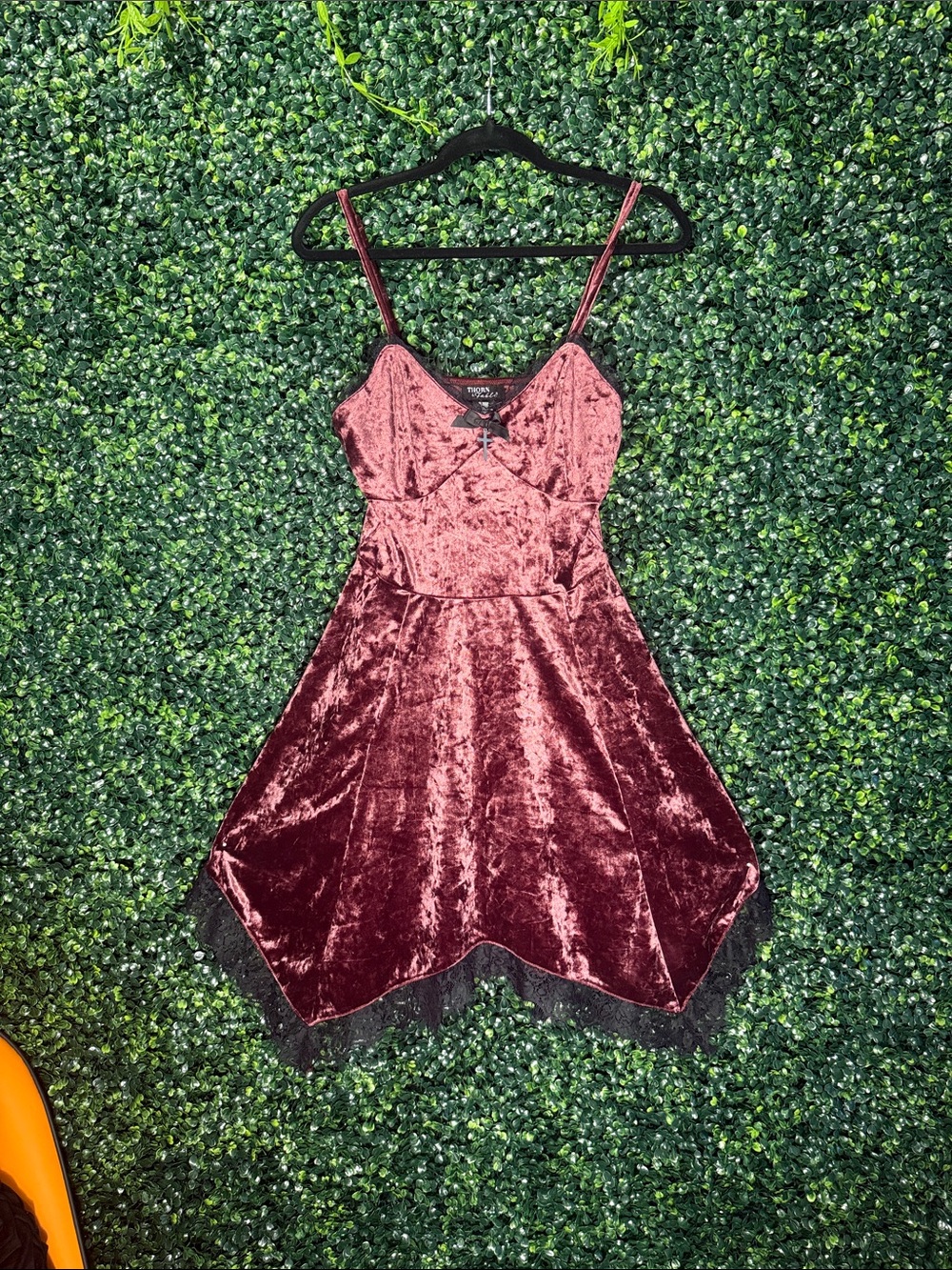 Crushed Velvet Spaghetti-Strap Handkerchief Hem Kids Dress - Burgundy